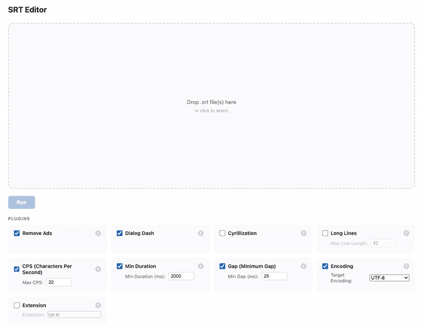 SRT Editor — files dropped